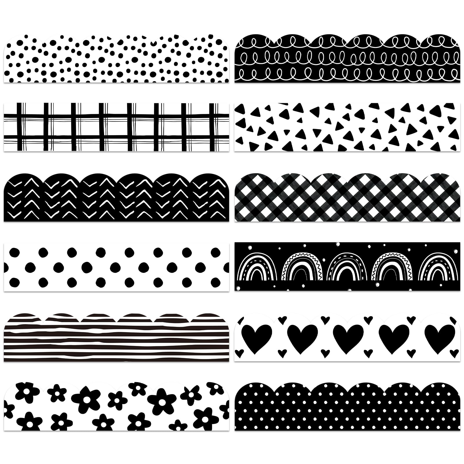 Whaline 137.8 Ft Boho Bulletin Board Borders Black White Boho Rainbow Flower Heart Dot Self-Adhesive Border Trim for Back to School Classroom Office