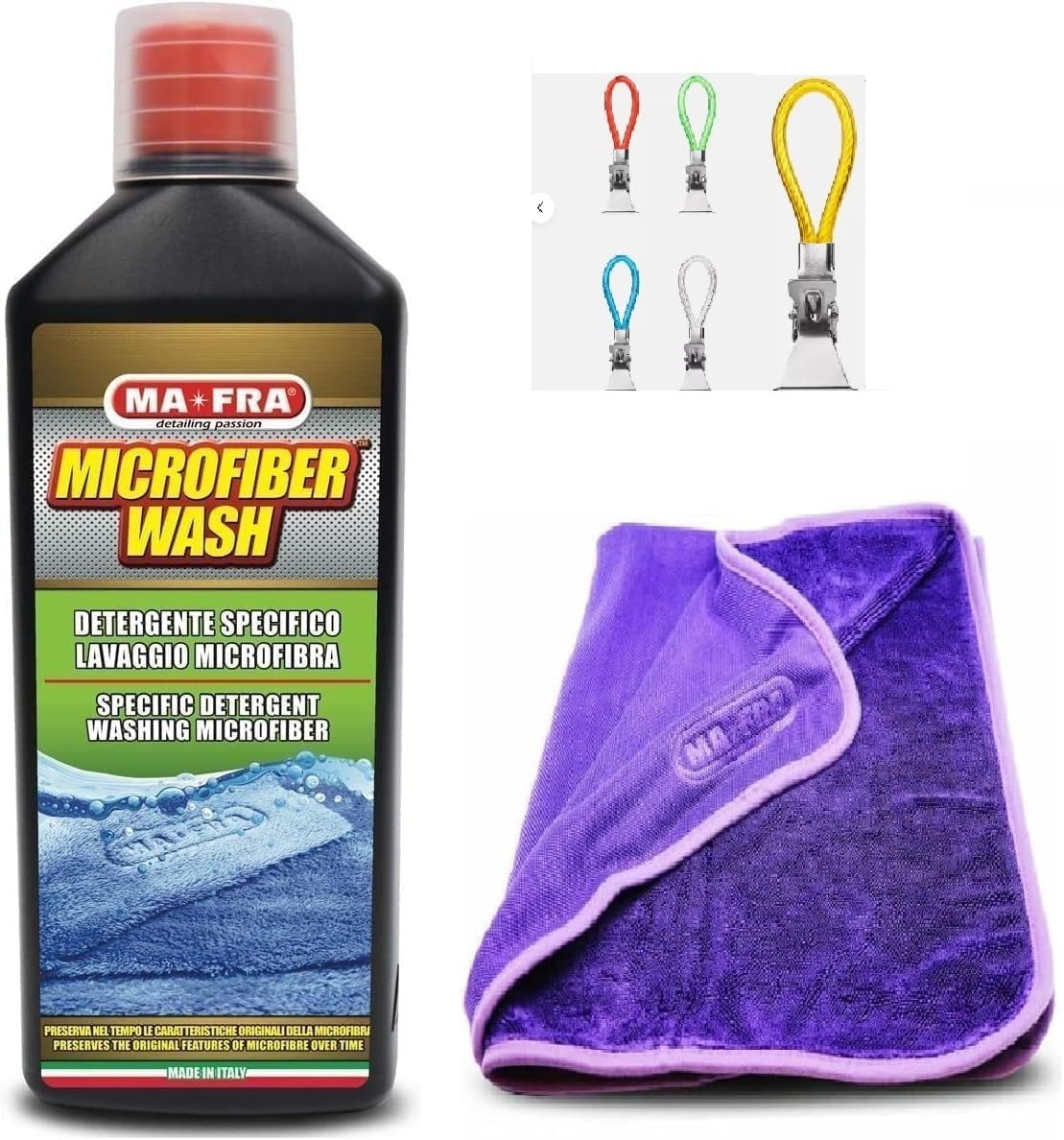 KIT MAFRA MA FRA PANNO SUPER DRYER + MICROFIBER WASH 1000ML PER PULIZIA PANNI MICROFIBRA + 4 GANCI APPENDI PANNI