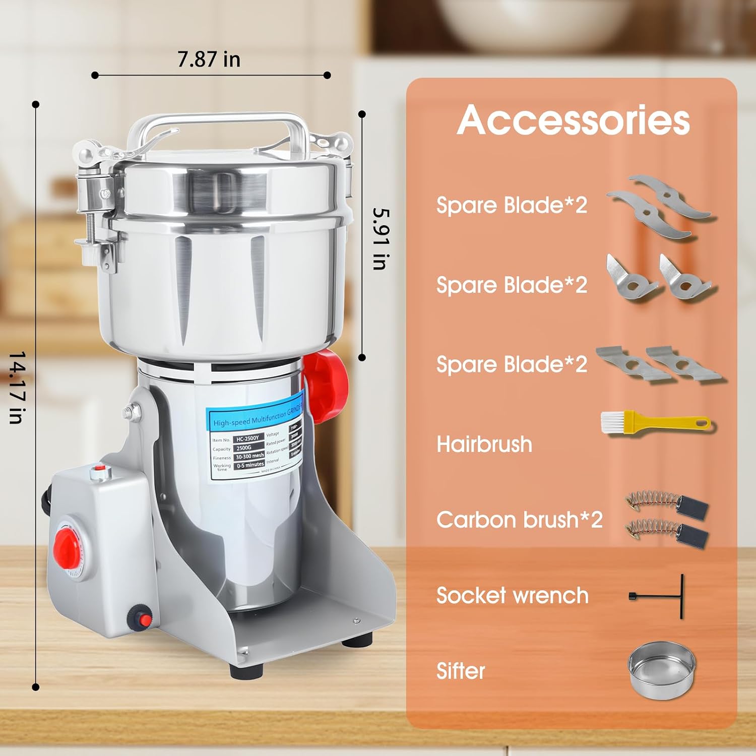 2500g Commercial Grain Grinder - 3000W Heavy-Duty Electric Mill for Coffee, Spices, Nuts & Grains | 32000 RPM | Industrial Stainless Steel | 5 Blades System | for Home & Restaurant Use