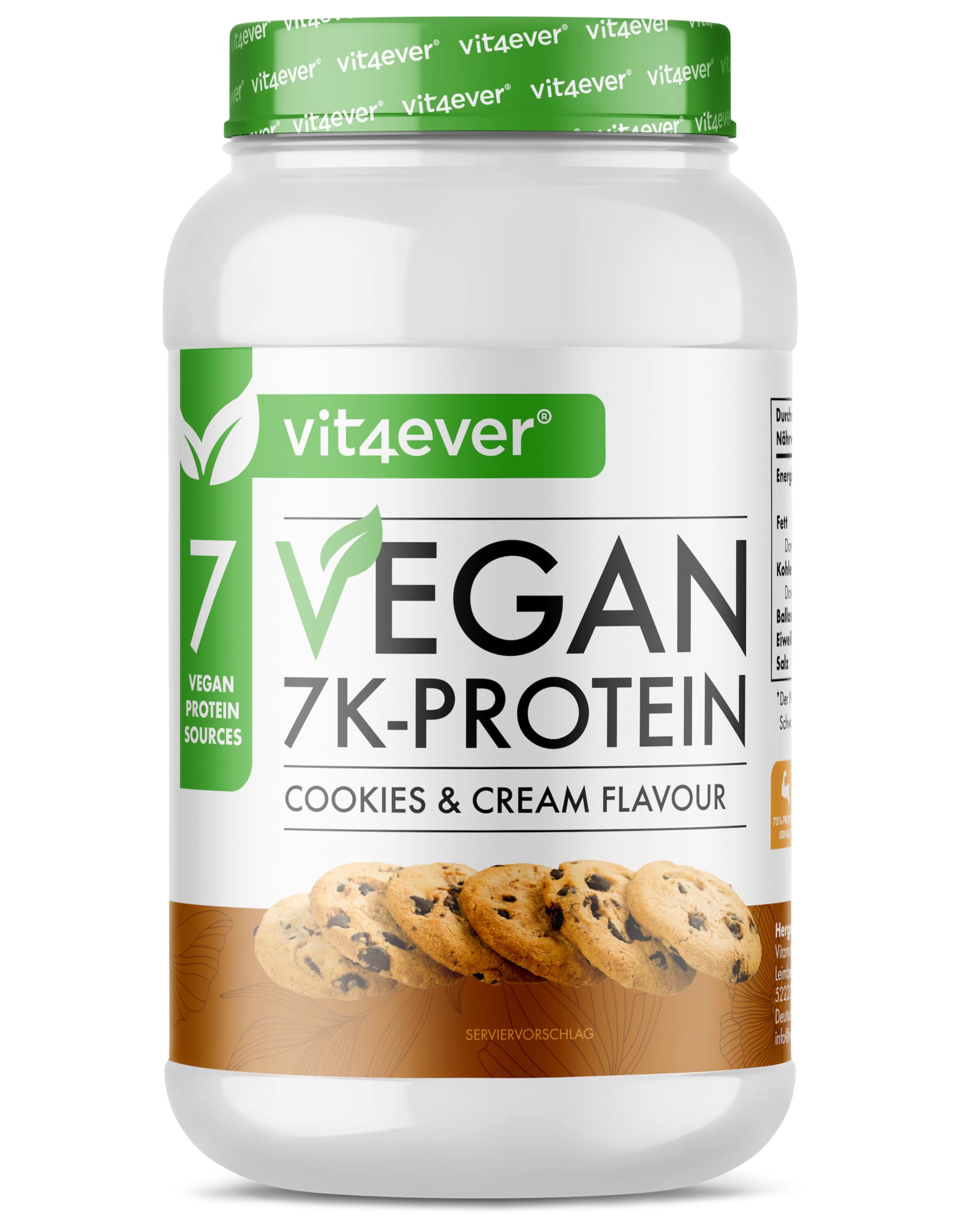 Vegan 7K Proteina – 1kg – Cookie & Cream – Polvere di proteine vegetali pura con riso, mandorle, soia, piselli, canapa, mirtillo, girasole proteina