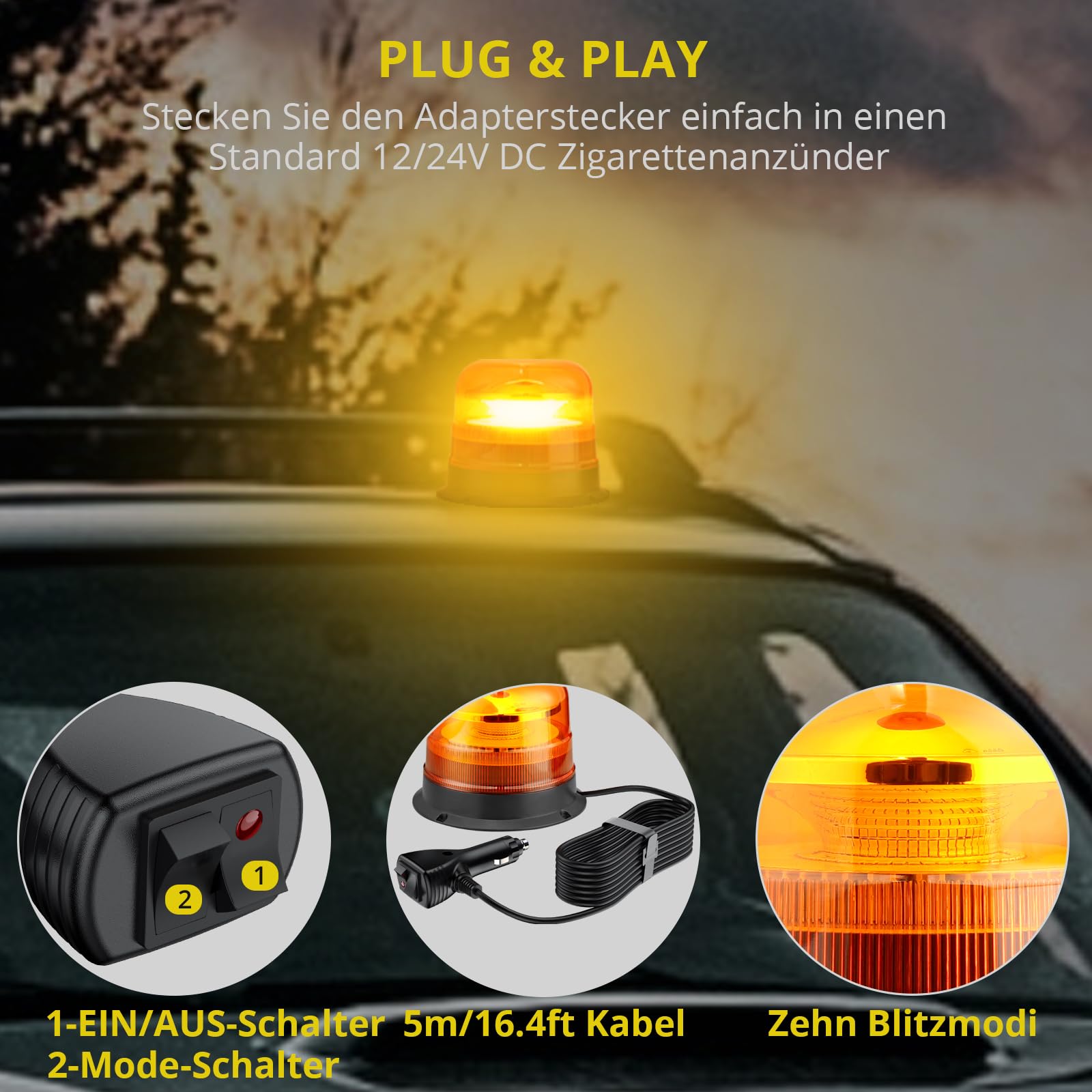 PROZOR 48LED Warnleuchte Notfall Warnblinklicht 10 Blitzmodus 48W Wasserbeständigkeit Magnetisch Warnlicht Stroboskoplicht Frontblitzer Notlicht für LKWs Traktoren Gabelstapler