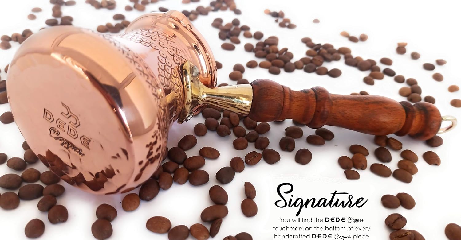 DEDE Copper - PCZ Series (Small-6 fl.oz) - Thickest Solid Copper Engraved/Stamped Turkish Greek Arabic Coffee Pot with Wooden Handle, Stovetop Coffee Maker Cezve Jezve Jazva Jazzve Ibrik Briki (Shiny)