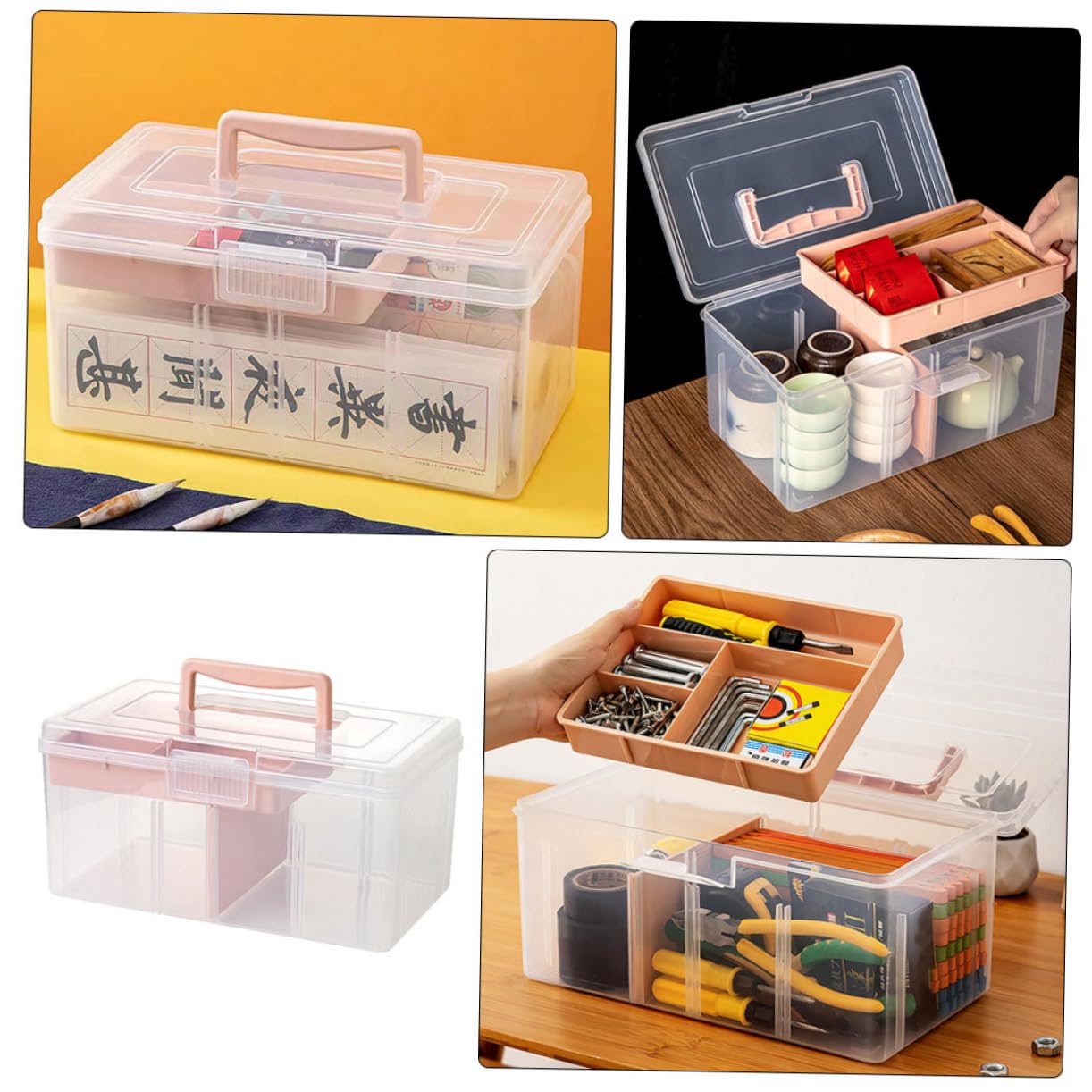 Scatola Organizer Multifunzione Rosa in Pp Trasparente con Manico | Struttura a Doppio Livello, Design Robusto Resistente a Deformazioni, per Accessori Creativi e Piccoli Oggetti