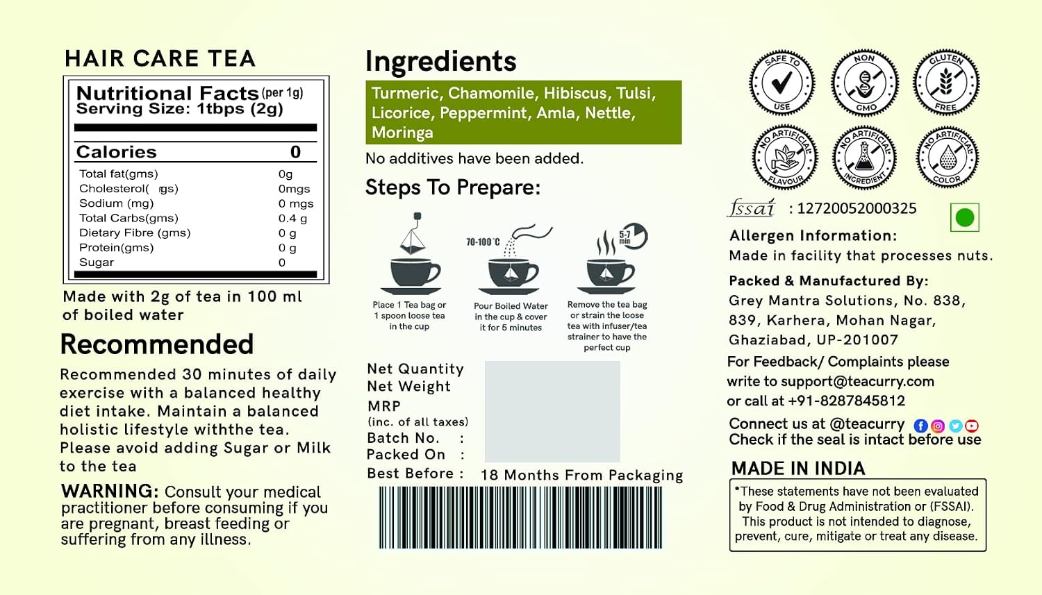 TEACURRY Hair Care Tea (30 Tea Bags) - Helps with Hair Growth, Shine, Repair & Strength