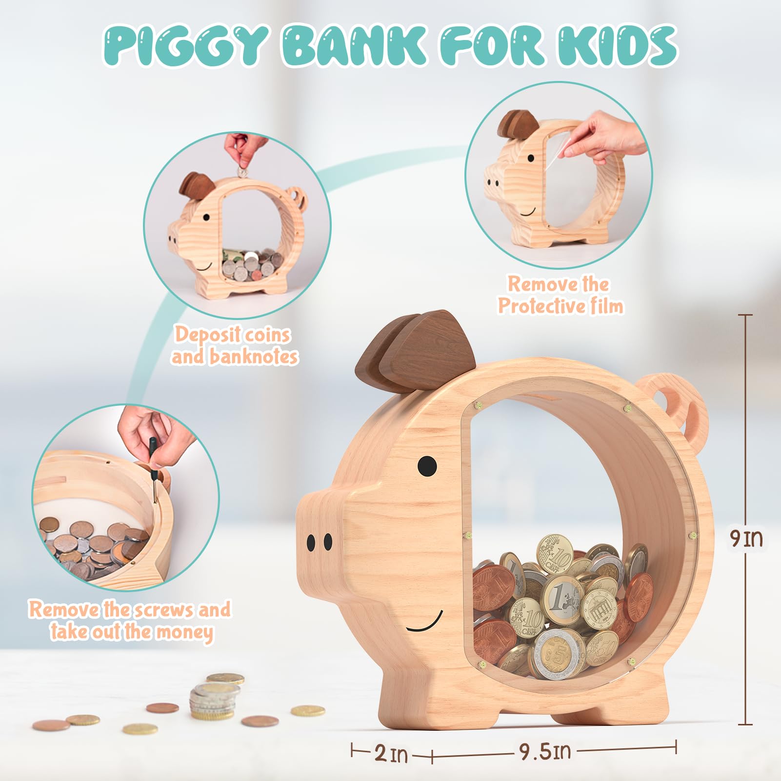 Sparschwein aus Holz für Kinder, niedliche Spardose für Jungen und Mädchen, transparente Holz-Spardose, personalisierbar, kreatives Geschenk für Kinder, Geburtstag, Weihnachten und Dekoration