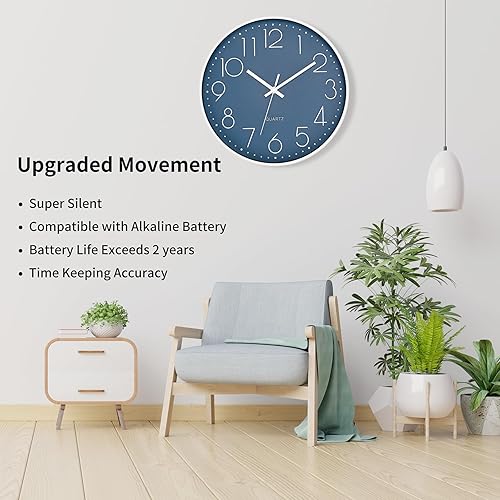 Miniatura 2 de Foxtop Reloj de pared moderno, silencioso, sin tictac, funciona con pilas, reloj de pared redondo de cuarzo, decoración para dormitorio, cocina,