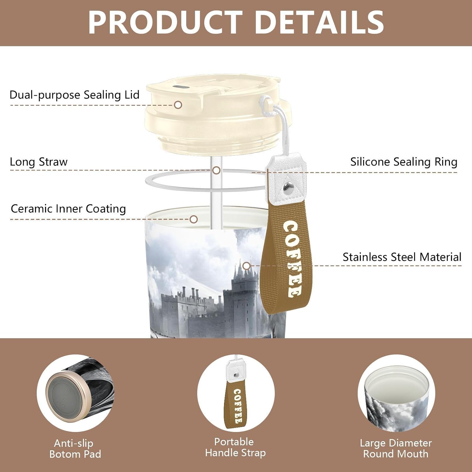 Steam Train Vintage Insulated Coffee Mug with Straw & Flip Lid, 16.9oz Iced Tumbler Cup, Double Wall Vacuum Leak-Proof Mug for Travel Office