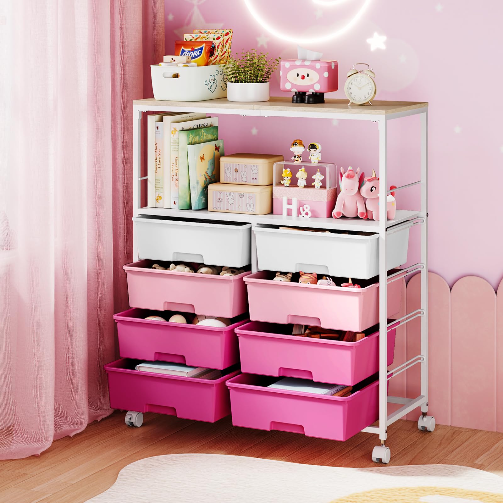 SYKIARIOL Carrello a rotelle con 8 cassetti, multiuso in metallo, per ufficio, cucina, bagno, soggiorno, ruote bloccabili, rosa
