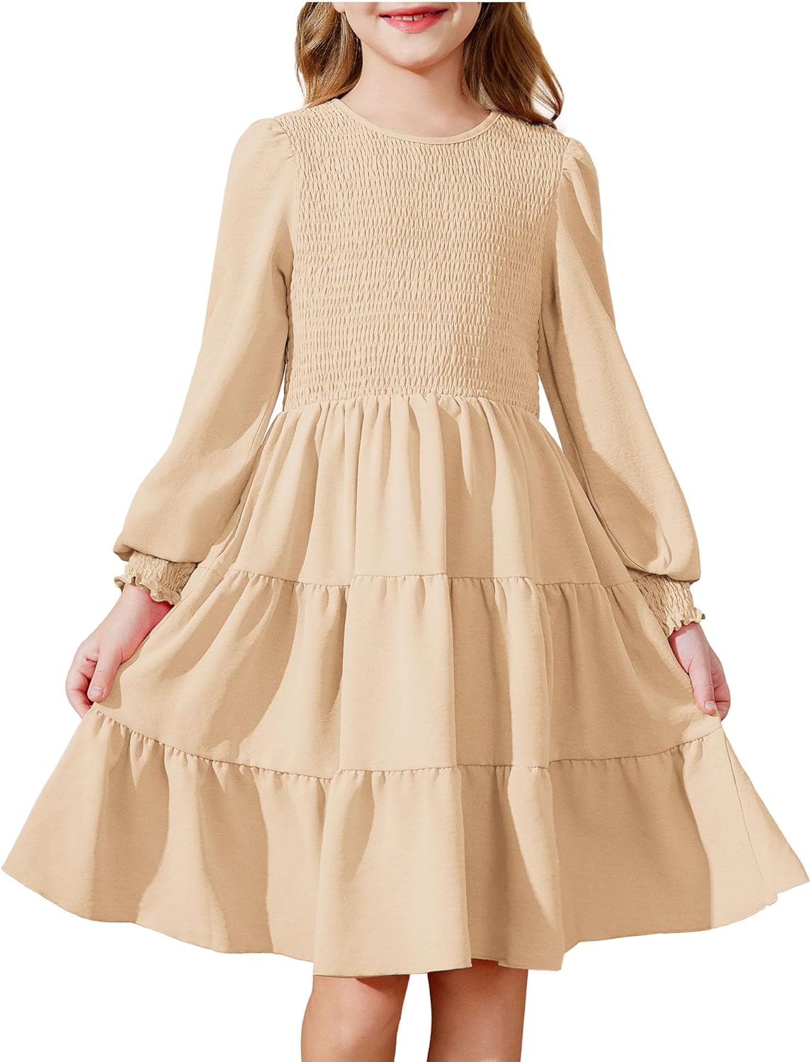 Arshiner Girls Dress Fall Boho Long Sleeve Shirred Smocked Tiered Party Dresses with Pockets