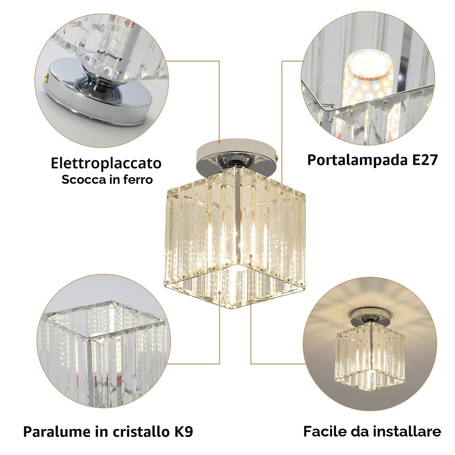 Lampada da Soffitto di Cristallo Moderna,E27 Mini Lampada da Soffitto in Cristallo Quadrato Argento, per Corridoio, Soggiorno, Camera da Letto, Cucina, Ingresso Lampada (Argento)