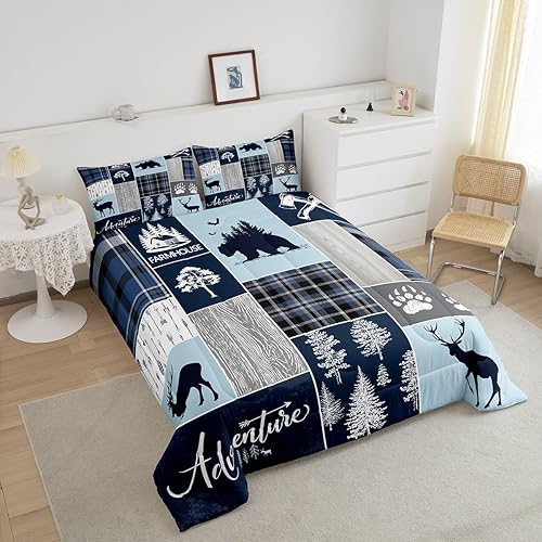 Miniatura 4 de Juego de edredón de oso de caza, ciervo, edredón a cuadros tamaño King, juego de ropa de cama rústica de retazos de cabaña para niños, adolescentes,