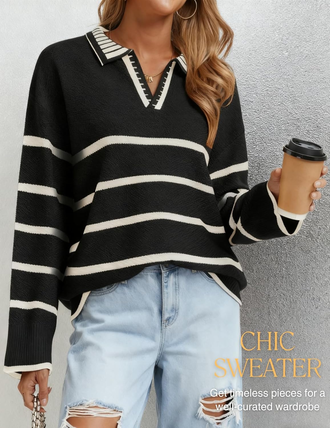 Women's Polo Sweater Long Sleeve V Neck Striped Collared Pullover Fall Sweater Tops 2025 - Image 3