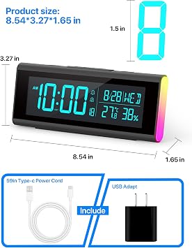 MASHI 8.54 Digital Clock, 70-Color Display, 9-RGB Night Light, DST