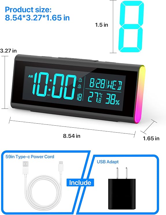 MASHI 8.54 Digital Clock, 70-Color Display, 9-RGB Night Light, DST