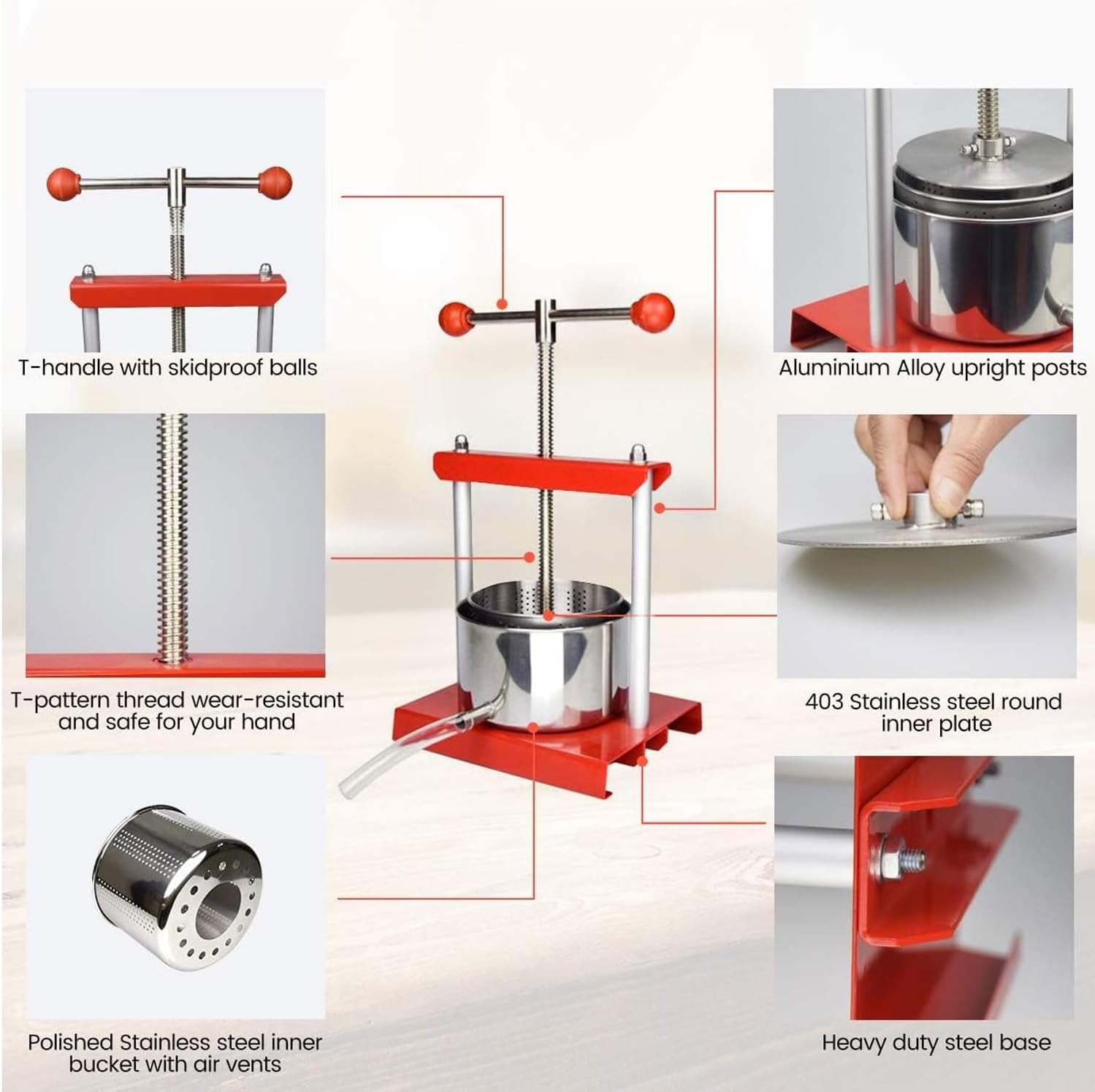 JOSBY Manual Fruit Wine Press, 0.53 Gallon/2 L Stainless Steel Manual Wine Press Machine, with T-Handle, Vegetables Honey Olive Oil Making Press, for Outdoor, Kitchen, Home