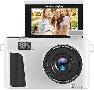Digital Camera for Photography, 88MP 8K 18X Zoom Video CCD Camera, WiFi Connection, 3 Inch 180 Flip Screen, 32GB TF Card & 2 Batteries (White)