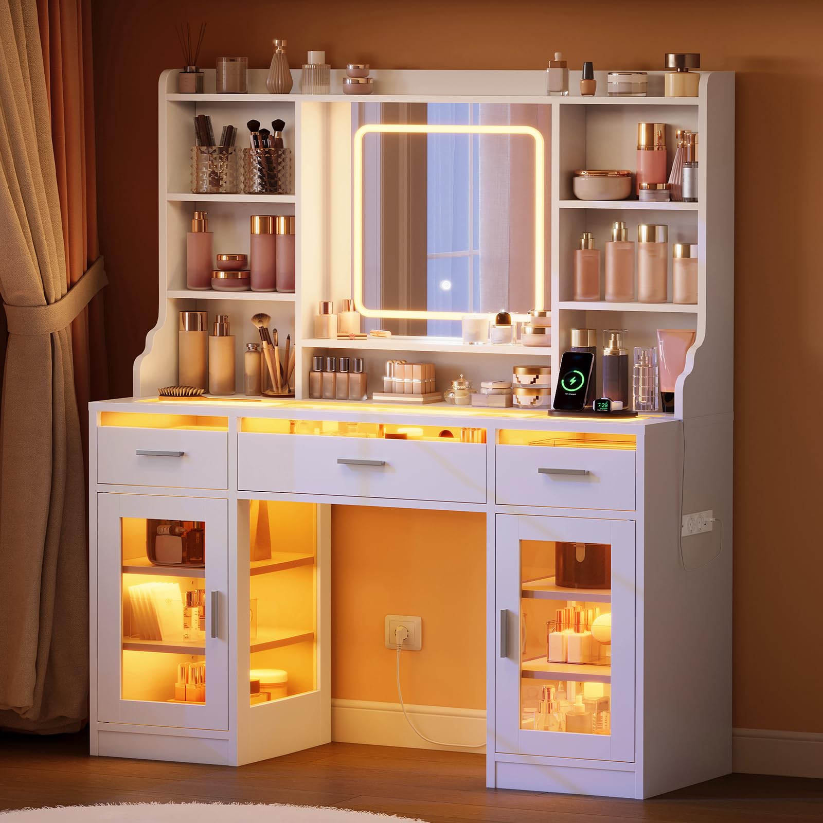 TEENFON Coiffeuse avec Miroir LED et Éclairage RGB – Coiffeuse avec Plateau en Verre, Luminosité Réglable, 3 Tiroirs, 2 Armoires et Prises – Table de Maquillage Moderne pour Chambre, Blanc