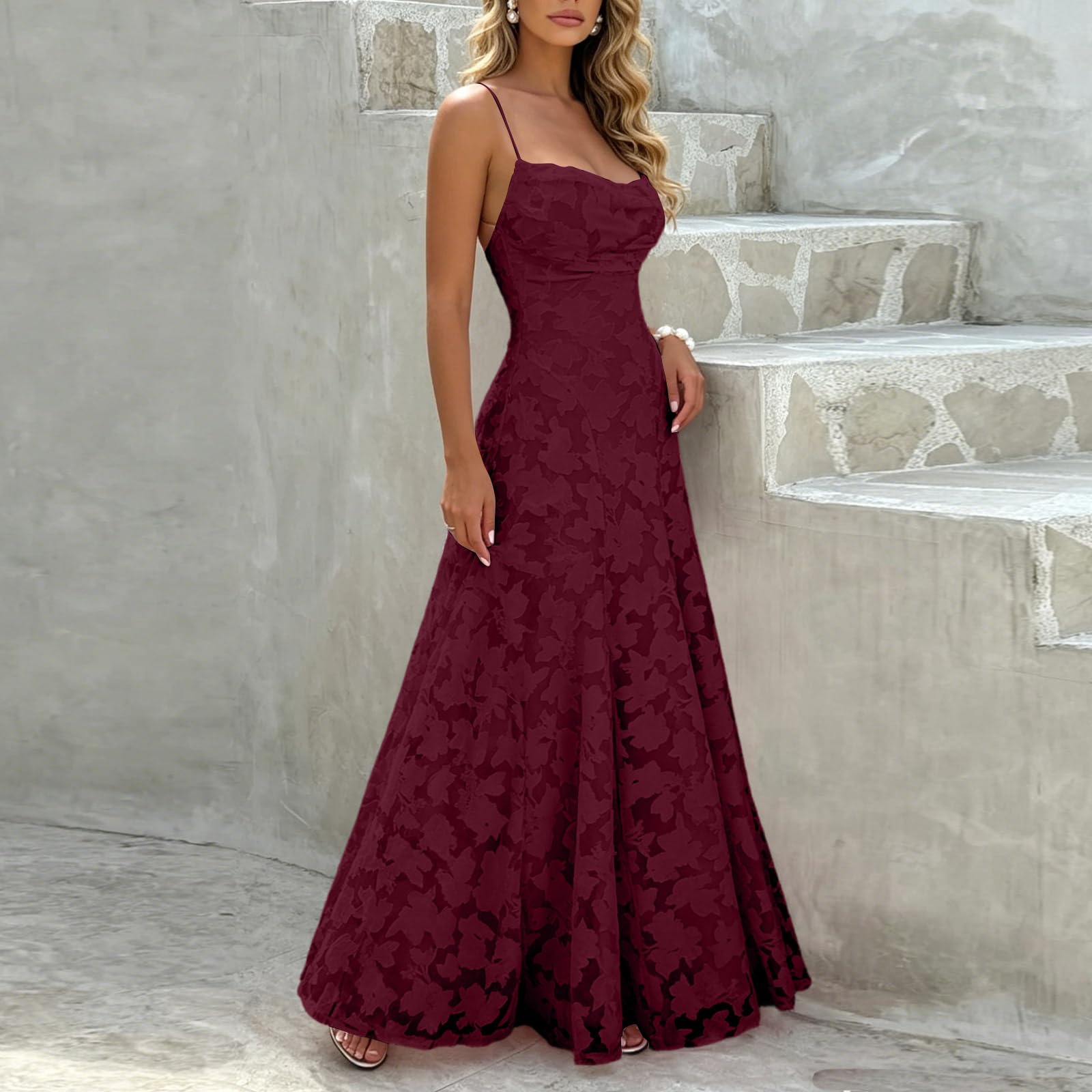 Abendkleid Damen Lang Maxikleid Hochzeitsgast Damenkleider Elegant Festkleid A Linie Kleid Schulterfrei Sommerkleid Spaghettiträger Cocktailkleid mit Spitze Freizeitkleid Rückenfrei