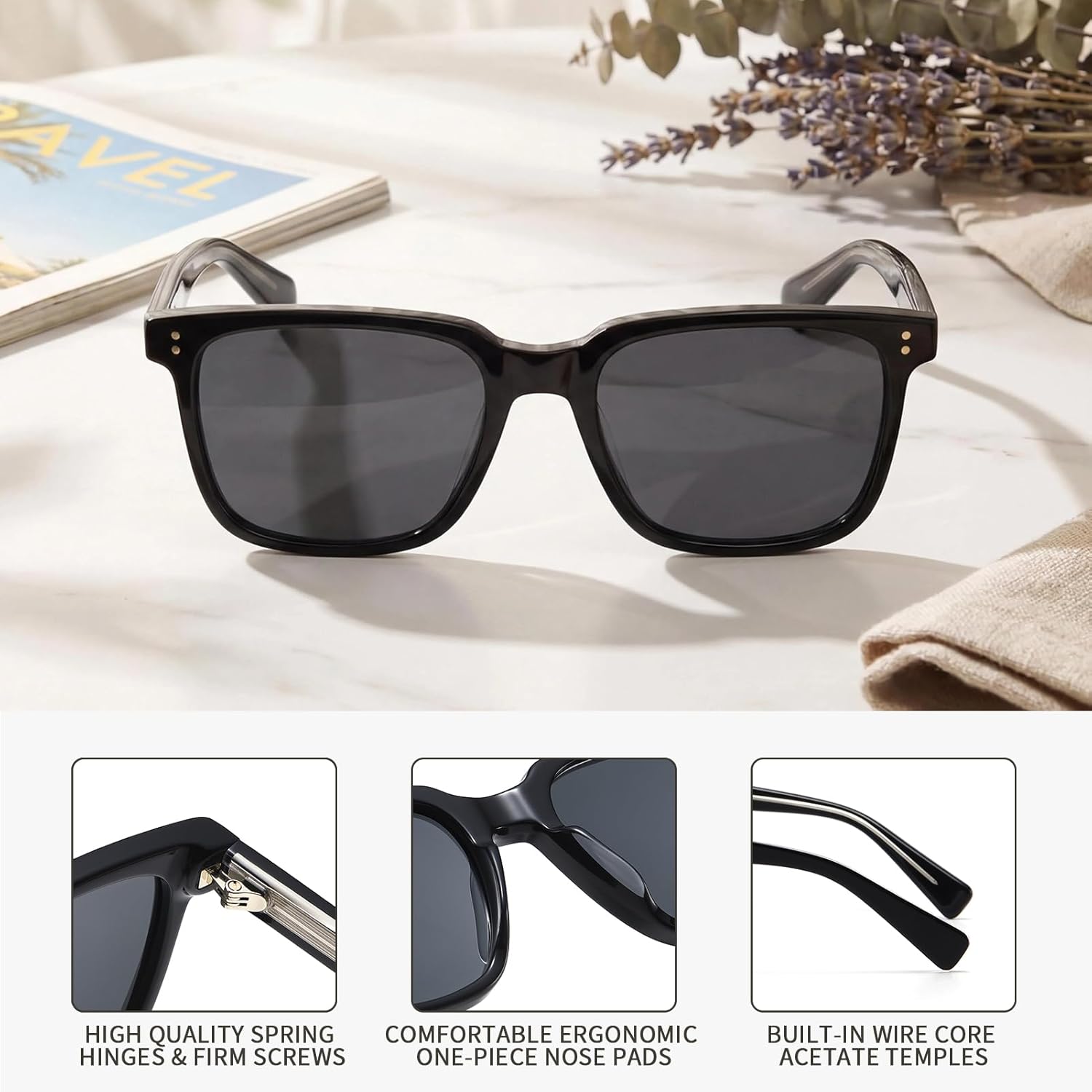 Acetate Polarized Sunglasses Men UV400 Protection Retro Square Classic Shades Driving Fishing Outdoor Thick Glasses