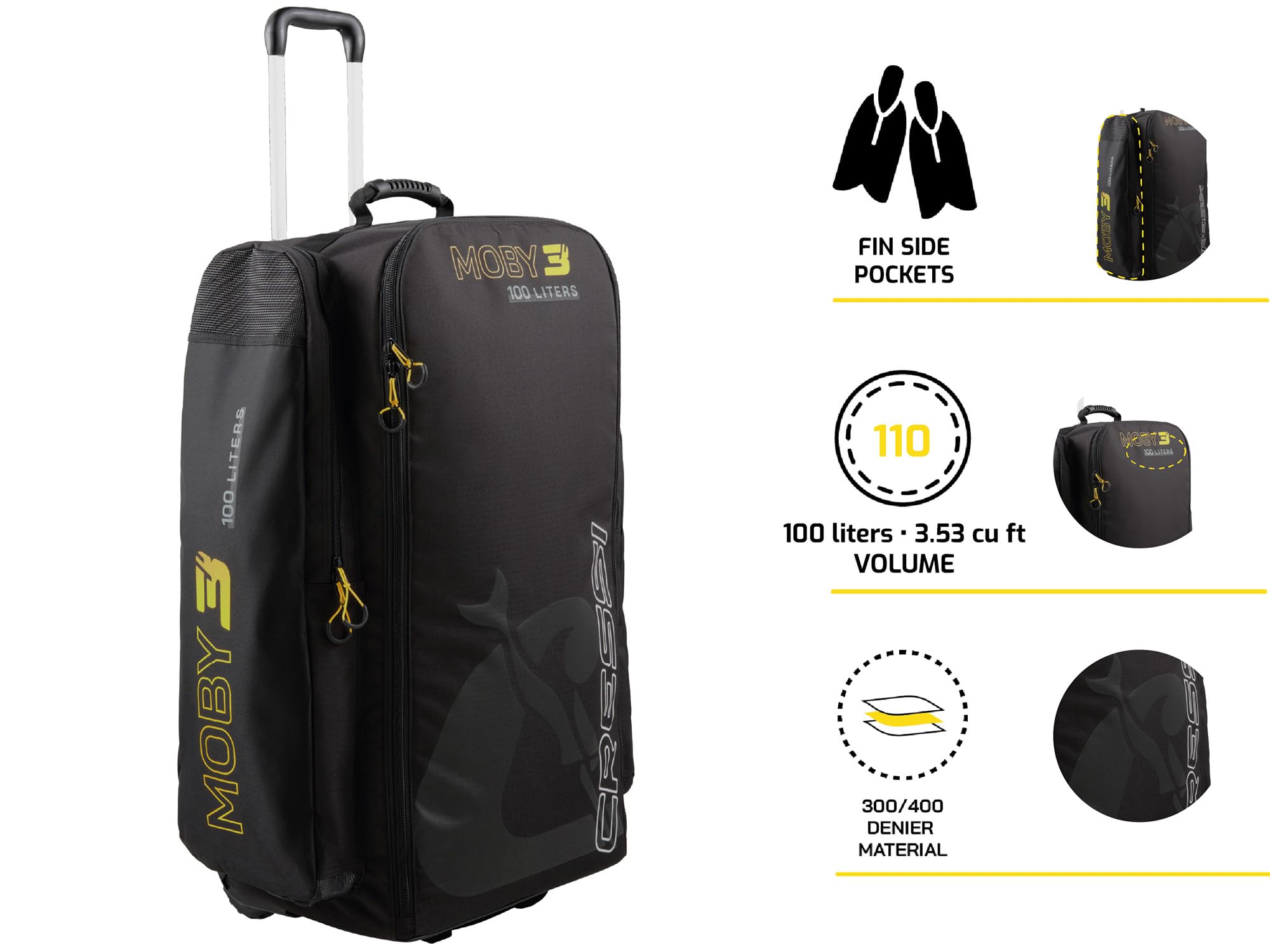 Cressi Moby 3 Trolley Bag Black/Yellow 100 L - Robuste und Geräumige Trolley Tasche ideal für Sportliche Aktivitäten und Reisen, Schwarz/Gelb, 100 L, Unisex