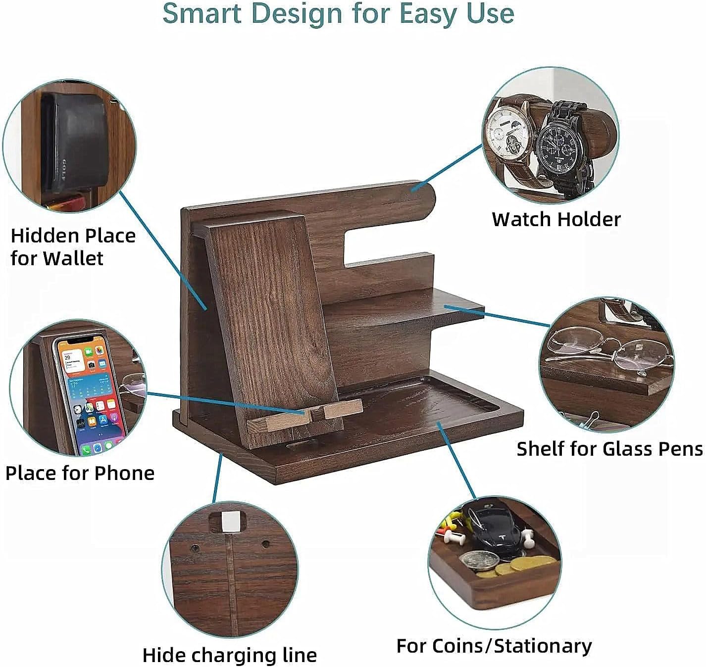 Wood Phone Docking Station, 5-in-1 Desktop Organizer for Phone, Watch, Keys, Glasses & Office Supplies, Birthday Gifts for Men, Dad Bedside Nightstand Organizer for Home/Office/Bedroom.(Brown)