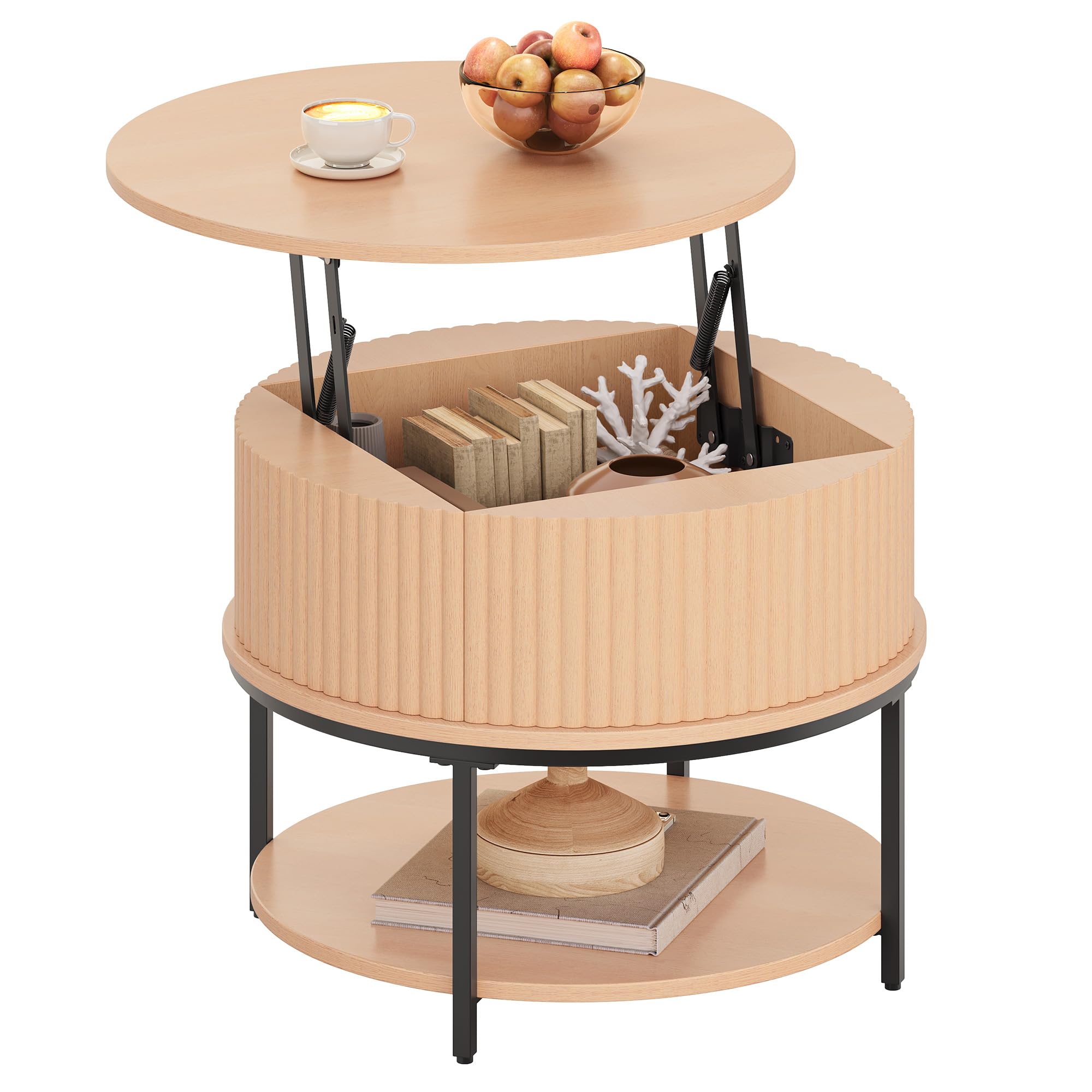 YITAHOME Mesa de Centro Elevable, Mesa Centro Redonda con Espacio de Almacenamiento de Dos Niveles, Mesa de Café Acanalada con Diseño Acanalado y Almacenamiento Oculto para Salón, Color Roble