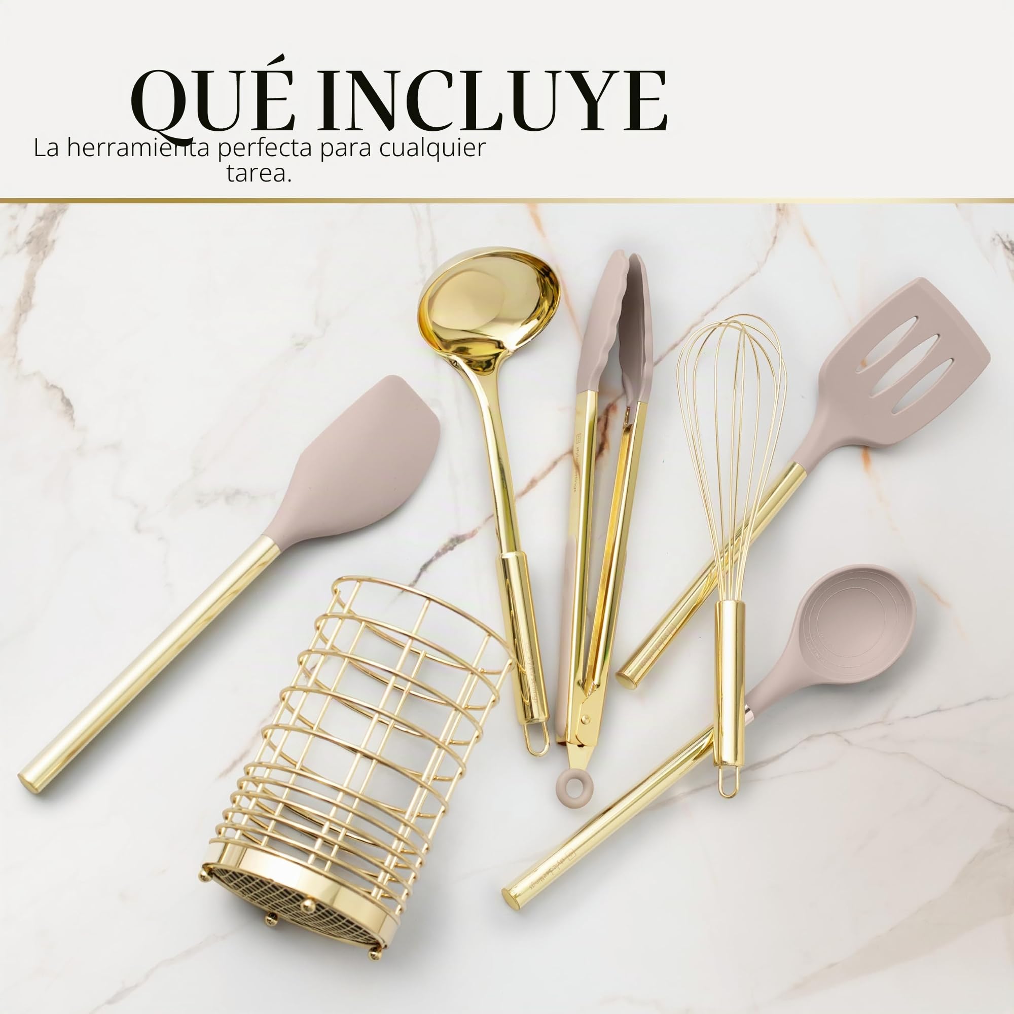 Juego de utensilios de cocina de 7 piezas, color beige y dorado, herramientas de silicona y acero inoxidable no tóxicas para cocinar, servir y alojar, ideal para utensilios de cocina antiadherentes y