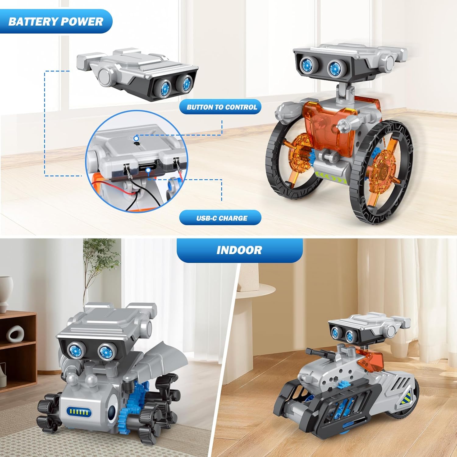 Diagram showing the battery compartment, button control, and USB-C charging port on the robot's main unit.