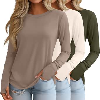 Huukeay 3 Pack Women's Long Sleeve Cotton Shirts with Thumb Holes
