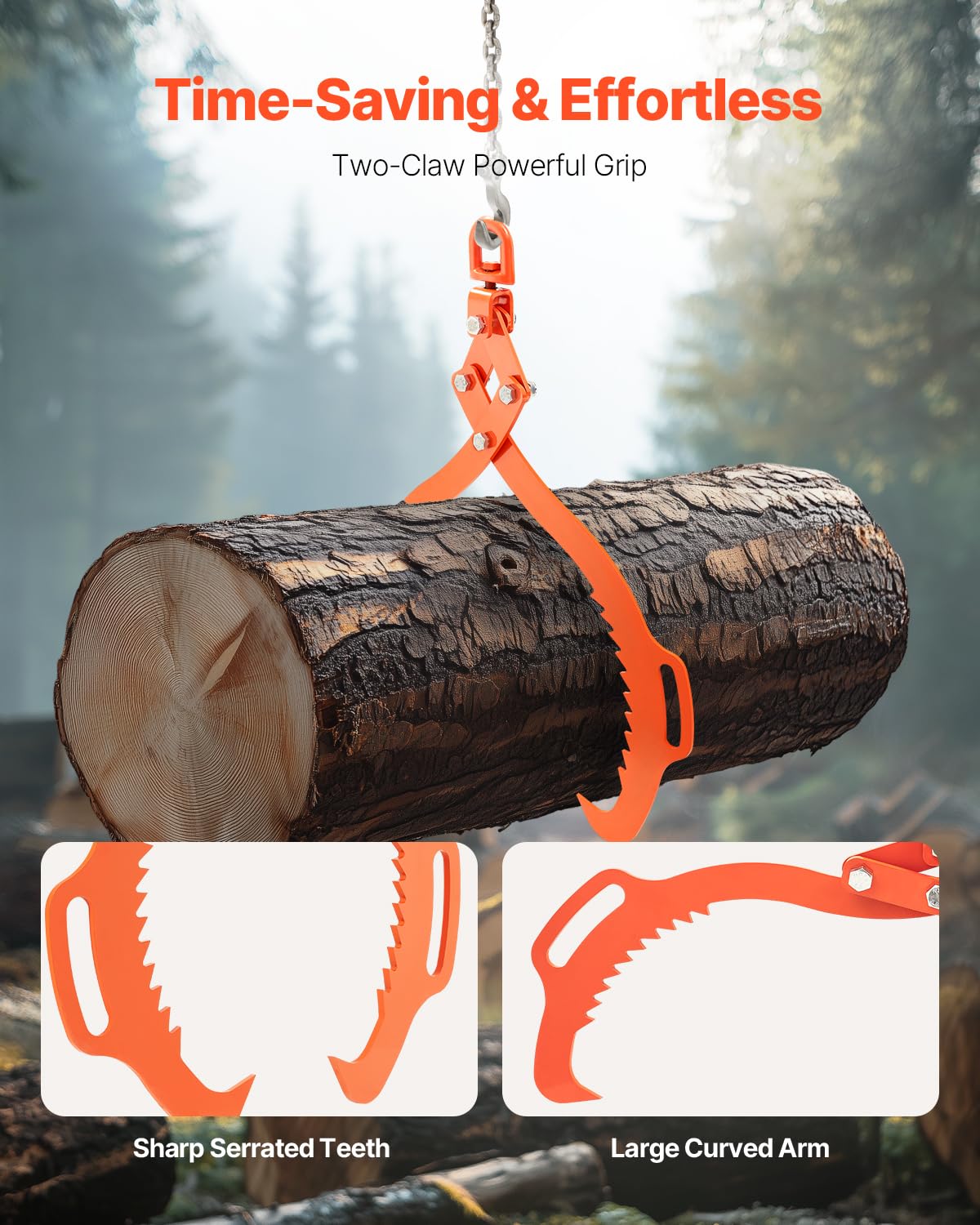 VEVOR Pince Forestière pour Troncs 812 mm, Pince de Levage pour Bois Bûches Grumes Pivotante 2 Griffes Capacité de Levage 700 kg Pinces en Acier Robuste, pour Camions, Tracteurs, Chariots Élévateurs