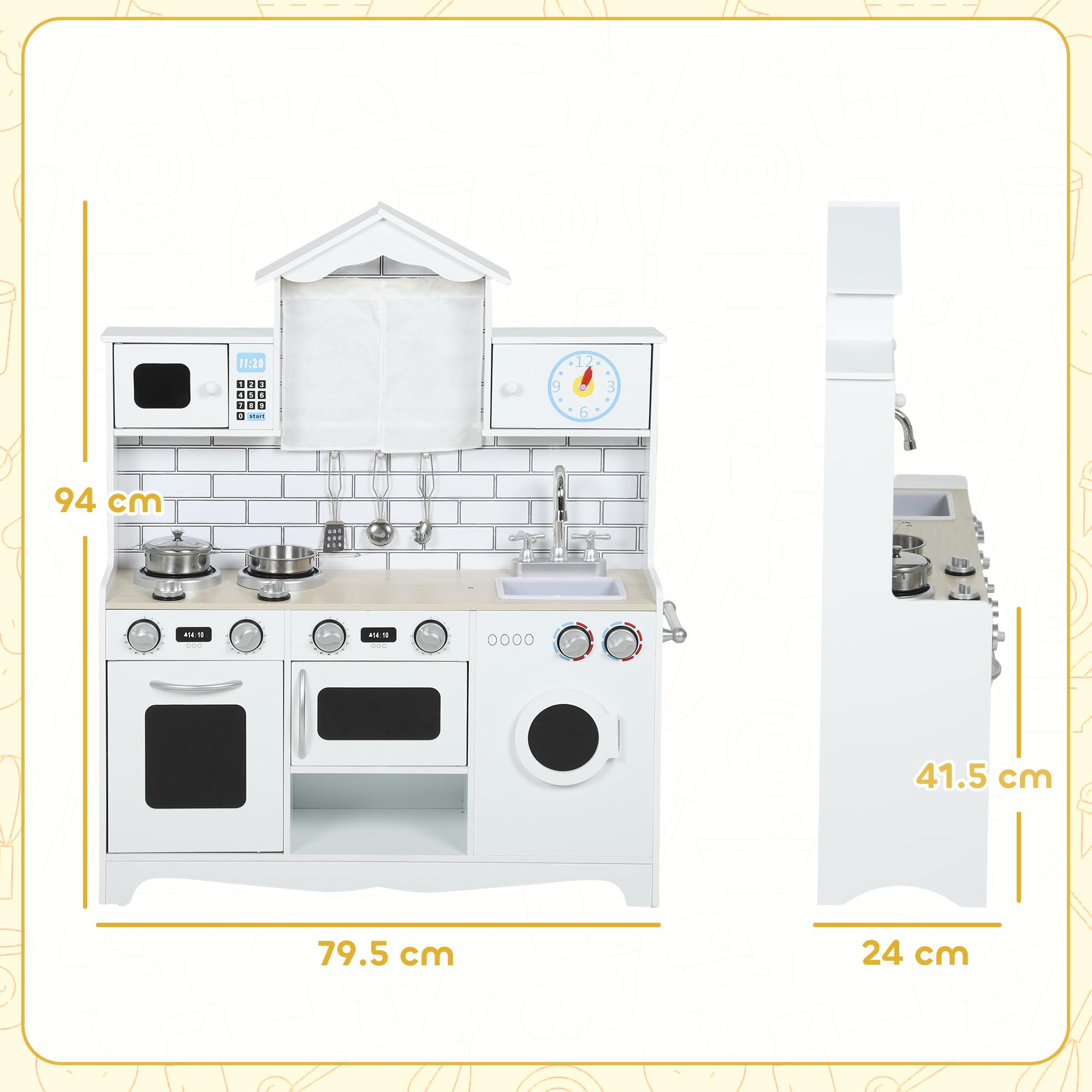 AIYAPLAY Cucina Giocattolo per Bambini da 3-6 Anni Legno Forno Bianco | Set di Accessori in Acciaio, Armadietti, Lavandino, Manopole con Suoni