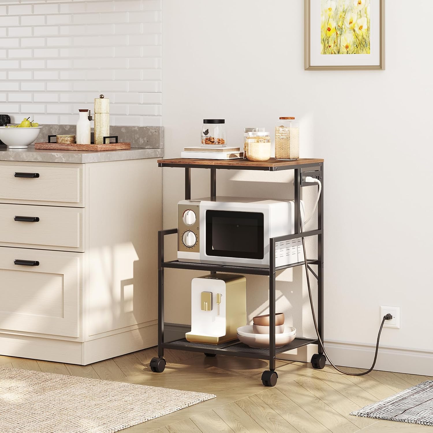 MAHANCRIS Mobile Printer Stand, 3-Tier Industrial Printer Cart with Power Outlets and 2 USB Ports, Rolling Printer Table on Wheels for Home Offices Kitchen Organization Rack, Rustic Brown PTHR78E01