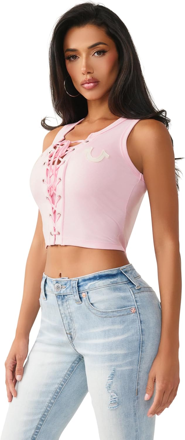 True Religion Women’s Applique Lace Up Rib Tank – Ribbed Stretch Knit