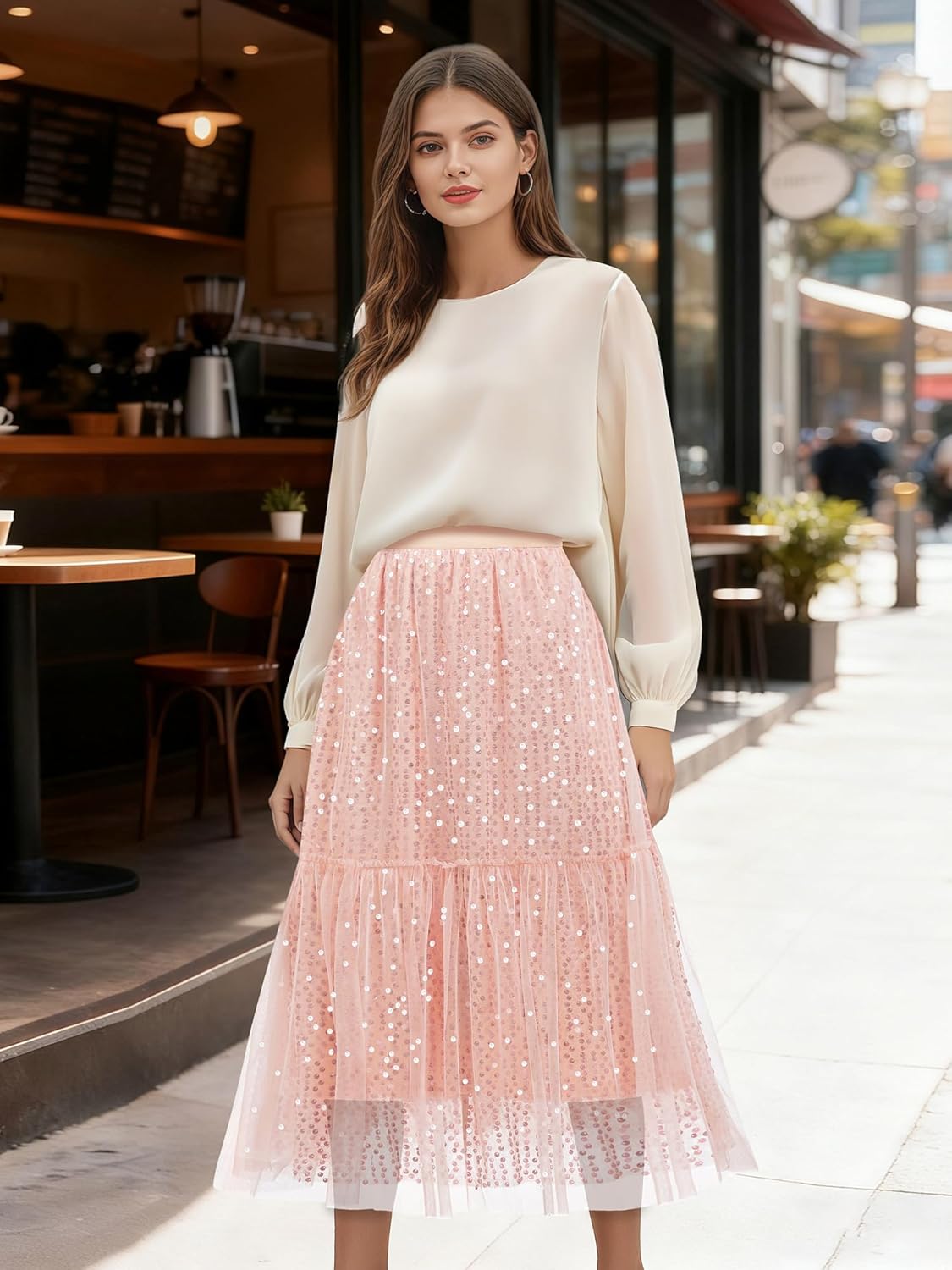 Sequin Tulle Skirts for Women Sparkly Midi Flowy A-Line Party Skirt Layered Skirts - Image 6