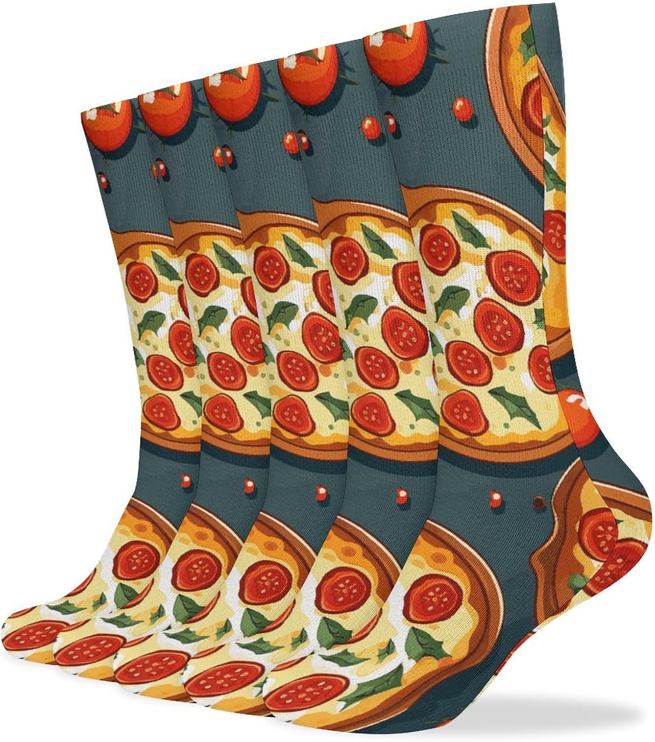 Pizza Food Crew Socks Cozy Casual Calf Socks Lightweight Long Work Sock Breathable Athletic Sock for Hiking Sports Running 5 Pairs