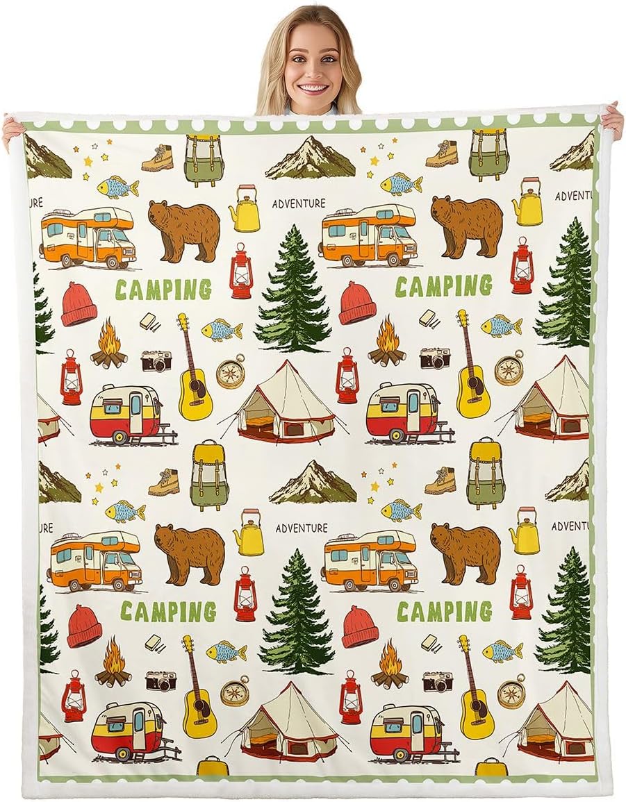 Camper Throw Blanket Camping Tent Blanket Camping Gear Must Haves, Happy Glamping Trailer Fleece Blanket Lodge Cabin Cottage Camfire Bed Blanket 90"x90", Camping Accessories Rustic Camper Decor