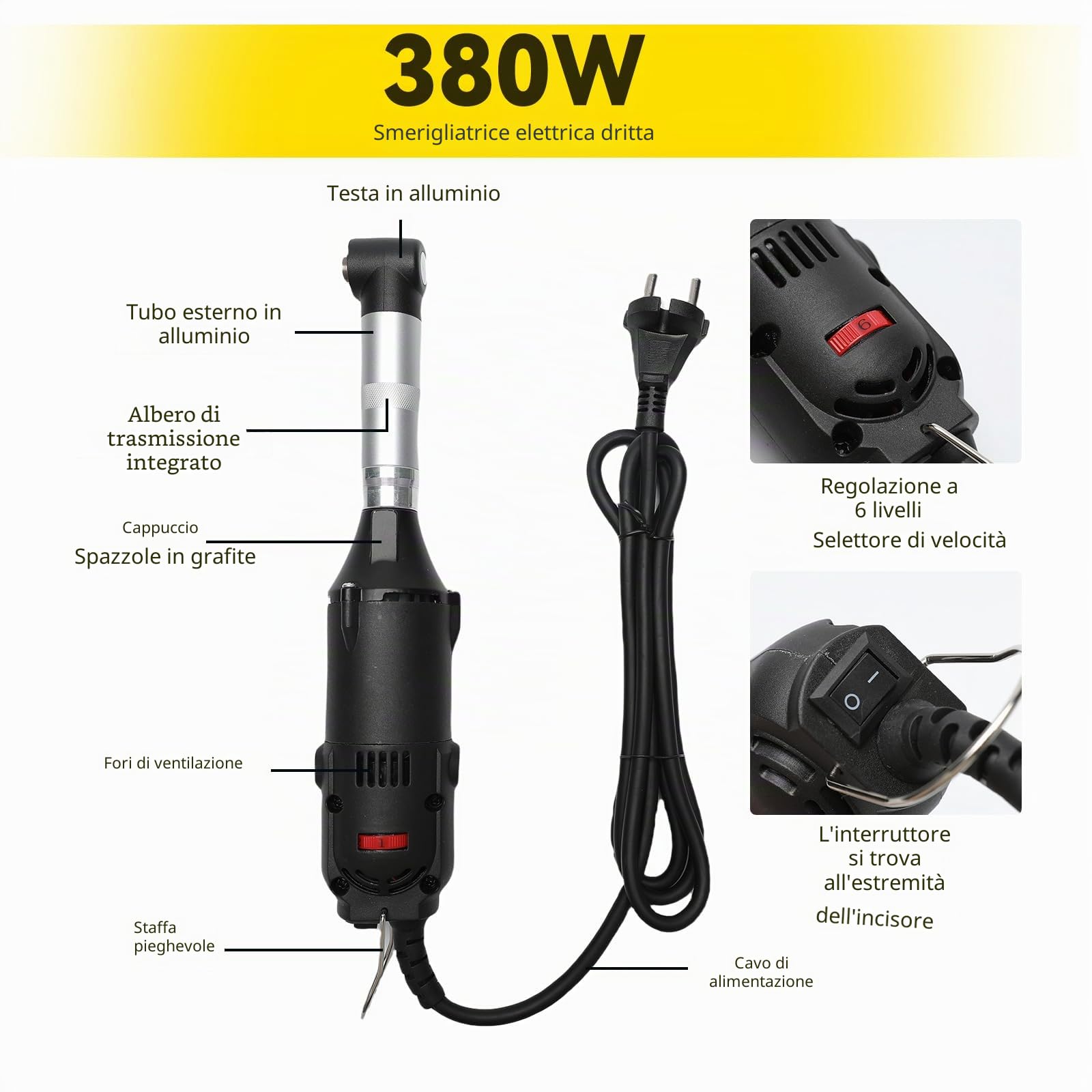Smerigliatrice diritta professionale 350 W, levigatrice lucidatrice per piastrelle, elettrico a 6 velocità 15000 giri/min, pinza Ø3 mm