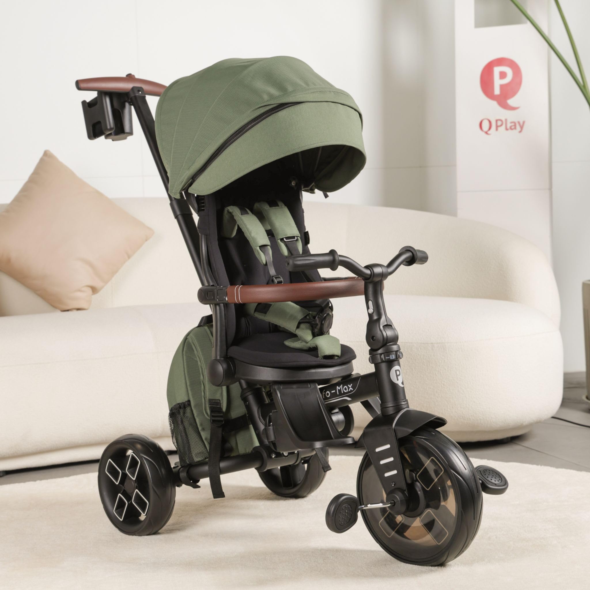 Triciclo evolutivo QPLAY Comfo Max 7 in 1 multi accessoriato, fronte strada e fronte mamma, reclinabile, adatto a bambini dai 10 ai 72 mesi, pieghevole, portata fino a 25 kg (Verde)