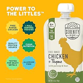Serenity Kids 6+ Months Chicken Baby Food Pouches - BPA-Free Pouches - Free-Range Chicken & Organic Parsnip, Beet & Thyme - Protein-Rich & No Added Sugar - 3.5 Oz, 12 Pack