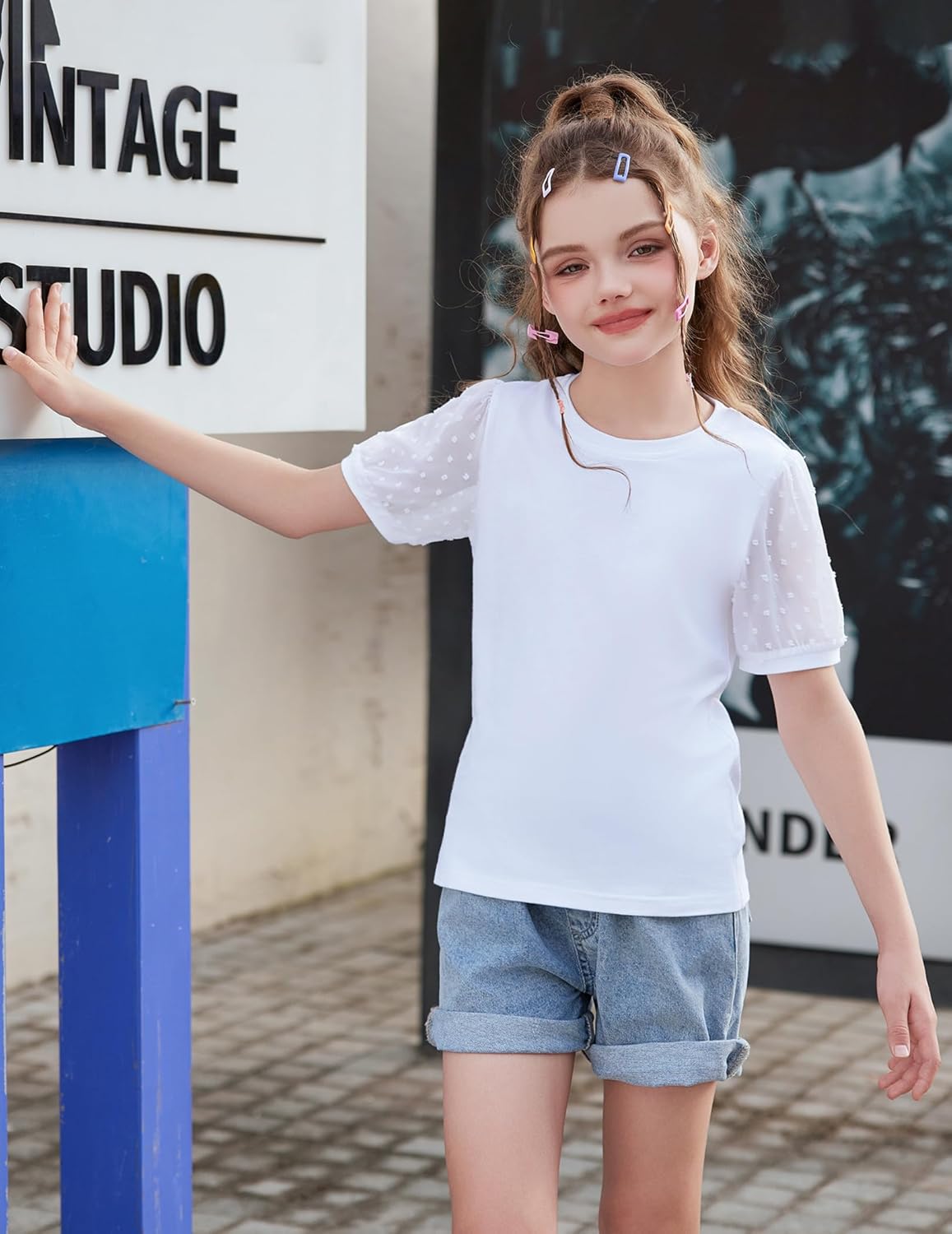 Arshiner Girls T Shirts Puff Short Sleeves with Polka Swiss Dots Tops for Kids Casual Summer Blouse Tunic Tee Tops - Image 2