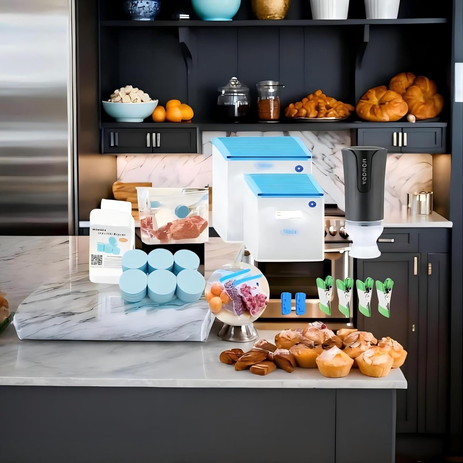 MOMODA Sous Vide Cooking Kit - 20 Reusable Vacuum Seal Bags with Electric Pump and 12 Food Grade Silicone-Coated Magnet Clips for Perfect Sous Vide Cooking