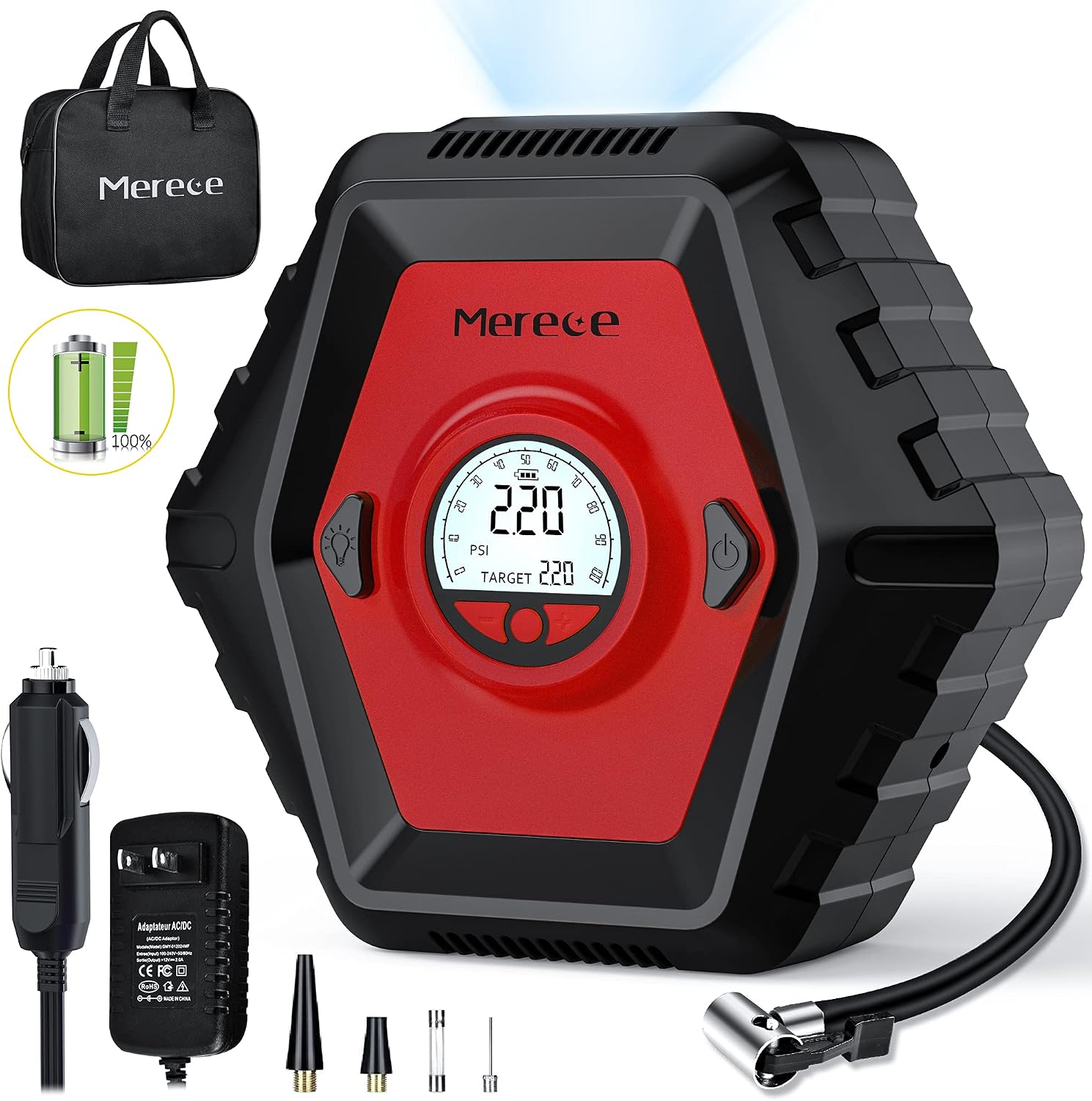 Tire Inflator Air Compressor - Cordless Rechargeable Car Tire Pump Portable Air Compressor for Car Tires Bike & Other Inflatables, AC/DC 12V Auto Stop Air Pump with Pressure Gauge 150PSI Max (red)