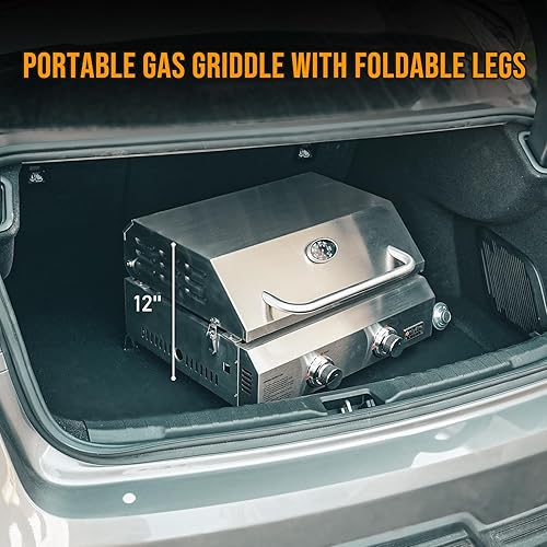 Miniatura 6 de Onlyfire - Plancha de gas plana con tapa, parrilla de gas propano de 2 quemadores, parrilla portátil para cocina al aire libre, plancha de mesa para