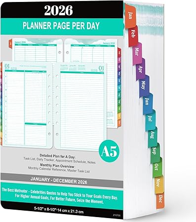 2026 Planner Refills - Planner 2026 Daily Weekly and Monthly from Jan. 2026 to Dec. 2026, Planner Refills/Inserts with 7 Punched Holes, Colorful Tabs, 5.5'' x 8.4'', Page Per Day