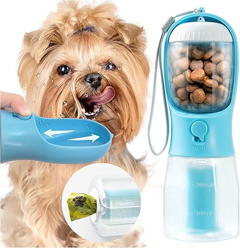 Vista 10 de Botella de agua portátil para perros pequeños, dispensador de cuencos de viaje 3 en 1 para mascotas con contenedor de alimentos y soporte para bolsa