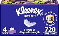 Kleenex Ultra Soft 3-Ply Facial Tissues, 4 Flat Boxes 180 Each (720 Total), Hypoallergenic, Allergist Approved