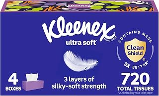 Kleenex Ultra Soft 3-Ply Facial Tissues, 4 Flat Boxes 180 Each (720 Total), Hypoallergenic, Allergist Approved
