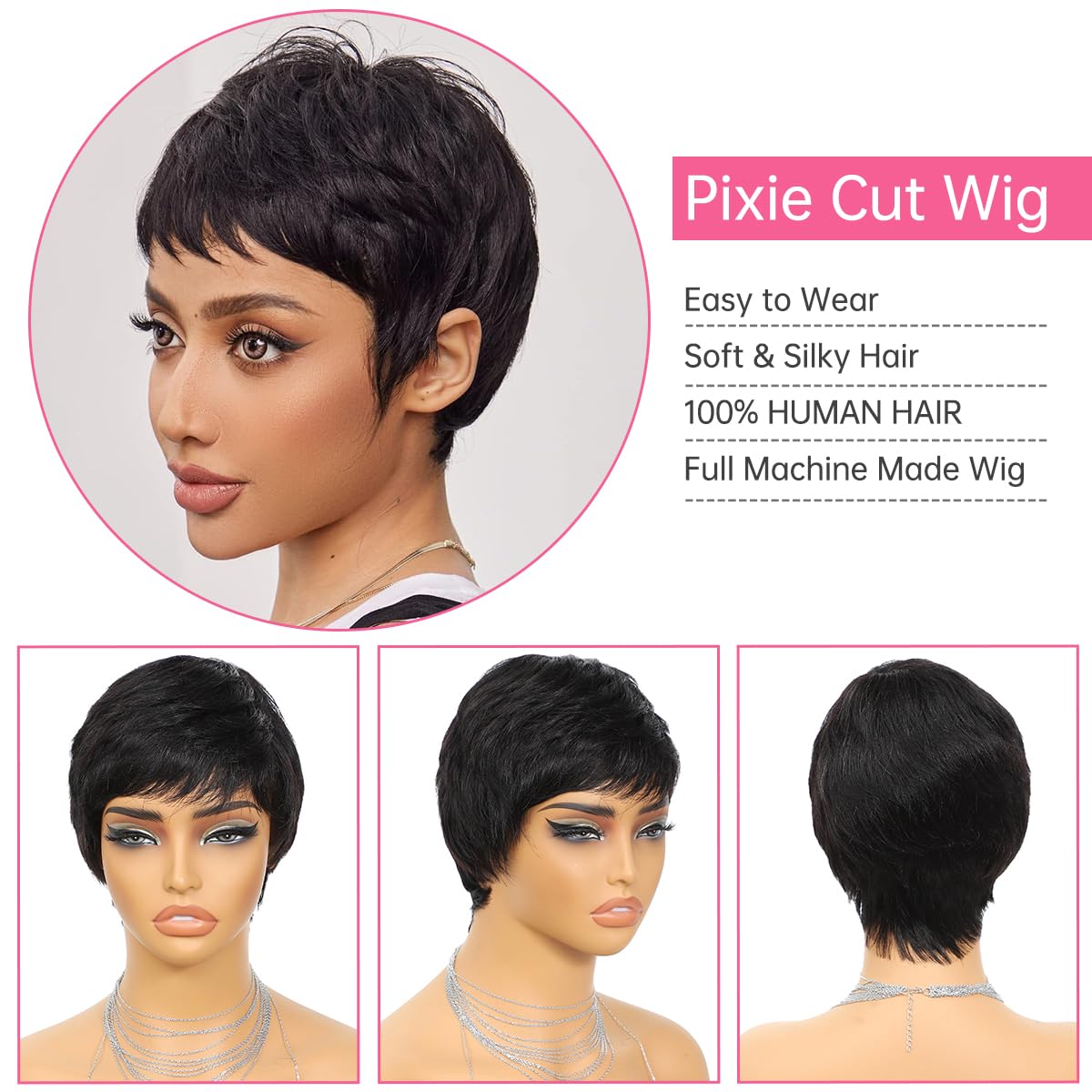 Short Pixie Cut Wig 100% Human Hair Glueless Wear & Go Full Machine Made Glueless Pixie Cut Wig with Bangs for Women - Premium Human  main image 3