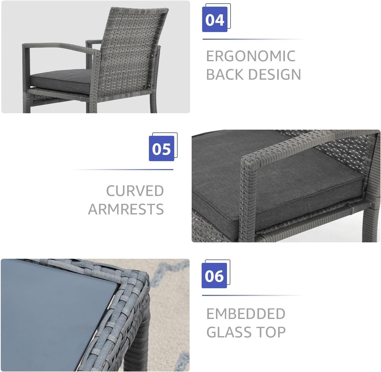 5 Piece Outdoor Patio Wicker Furniture Set All Weather Grey PE Rattan Chair and Ottoman Footstool Conversation Sets Coffee Table Cushions for Garden Balcony Porch Space