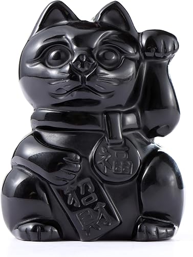 Artistone Black Obsidian Crystal Maneki Neko Money Feng Shui Fortune Lucky Cat Collectible Figurine Gemstone Sculpture for Attract Wealth Good Luck